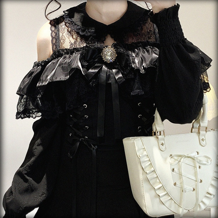 Black Version Jirai Lace Kei Dress Bow Long-Sleeve Long Rhinestone Shoulder Decor Cutout