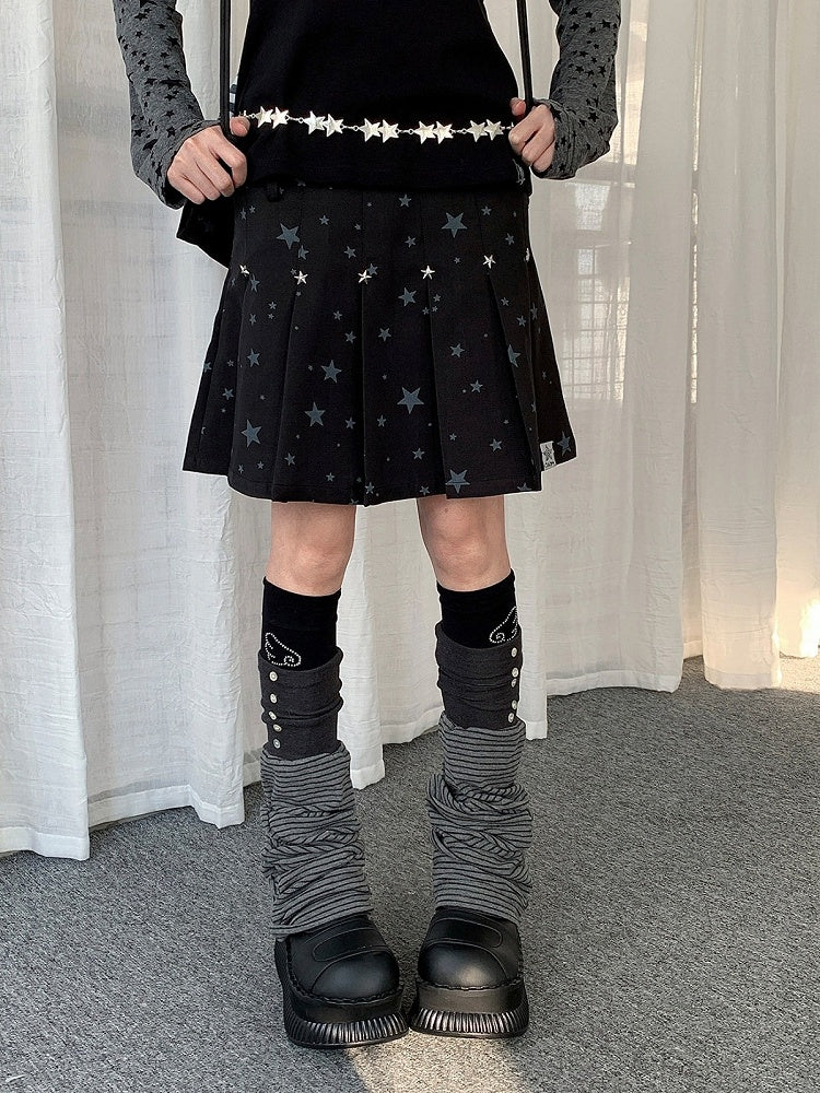 Gray/Black Y2K Pleated Skirt with Star Pattern - Solkatt