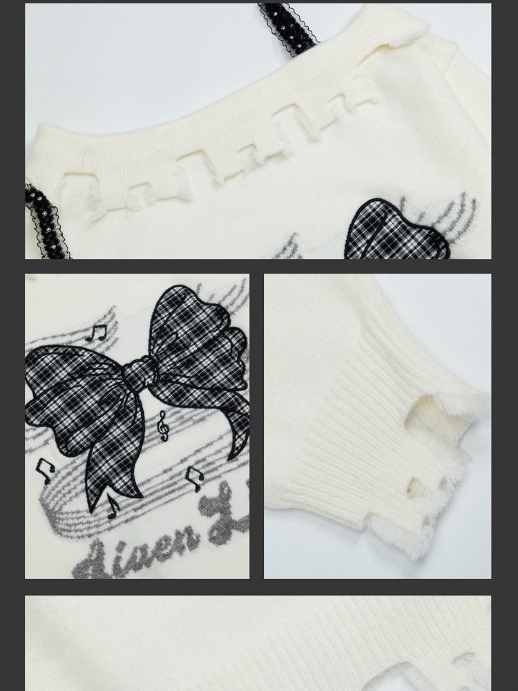 Pink/Black/White Bowknot Applique Asymmetrical Neckline Sweater Distress Trim