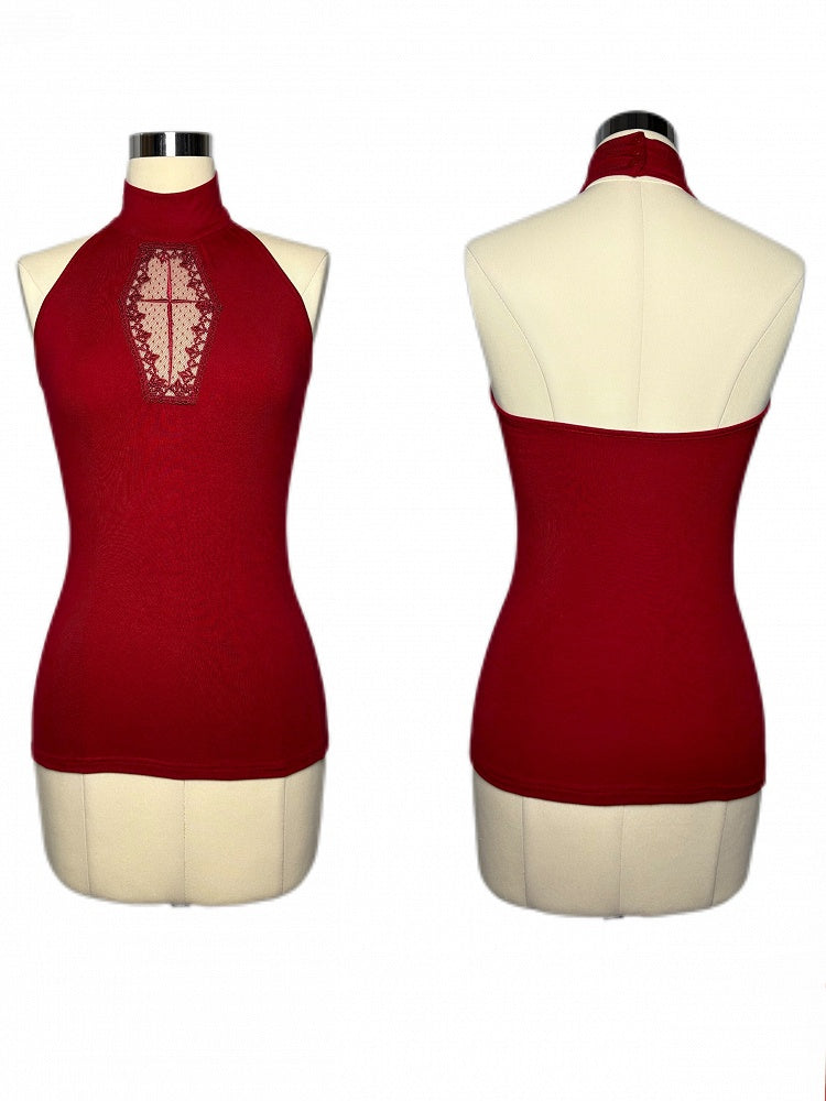 Embroidery Halter Cross with Red Cut-Out Vest Gothic Coffin