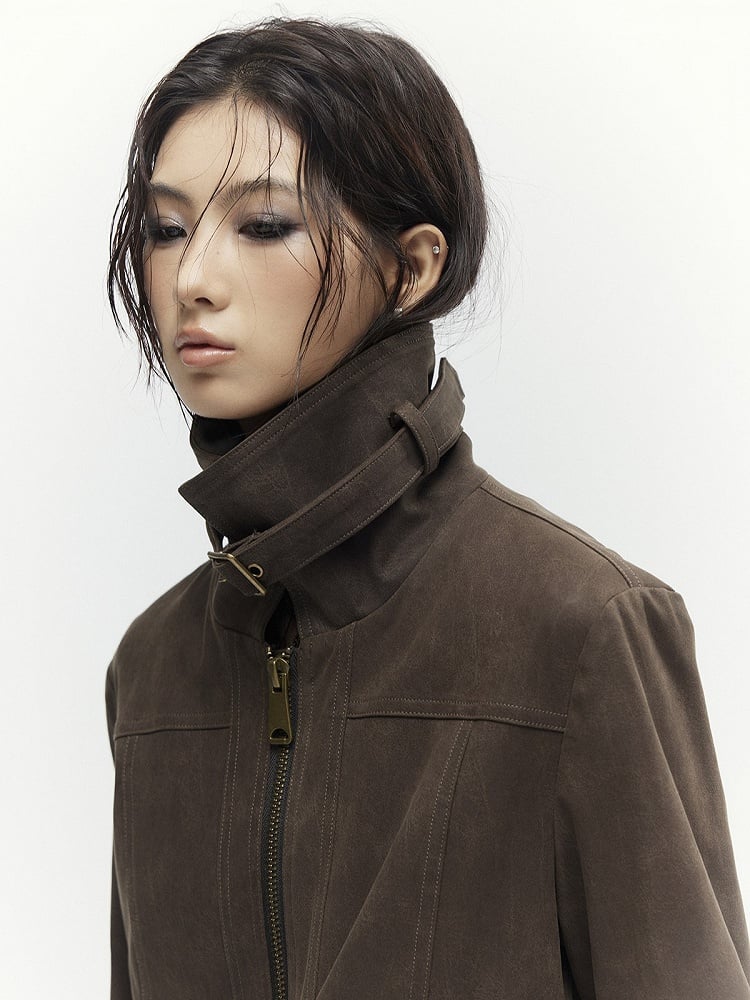Buckle Vintage Mock Long Accents Brown Neck Sleeve Jacket -