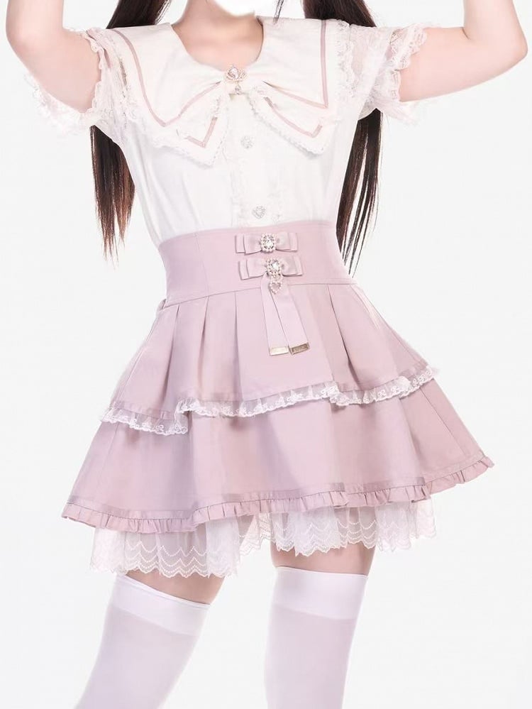 Blouse with Pink White Bowknots and Crown Brooch Jirai Kei Bowknot Collar