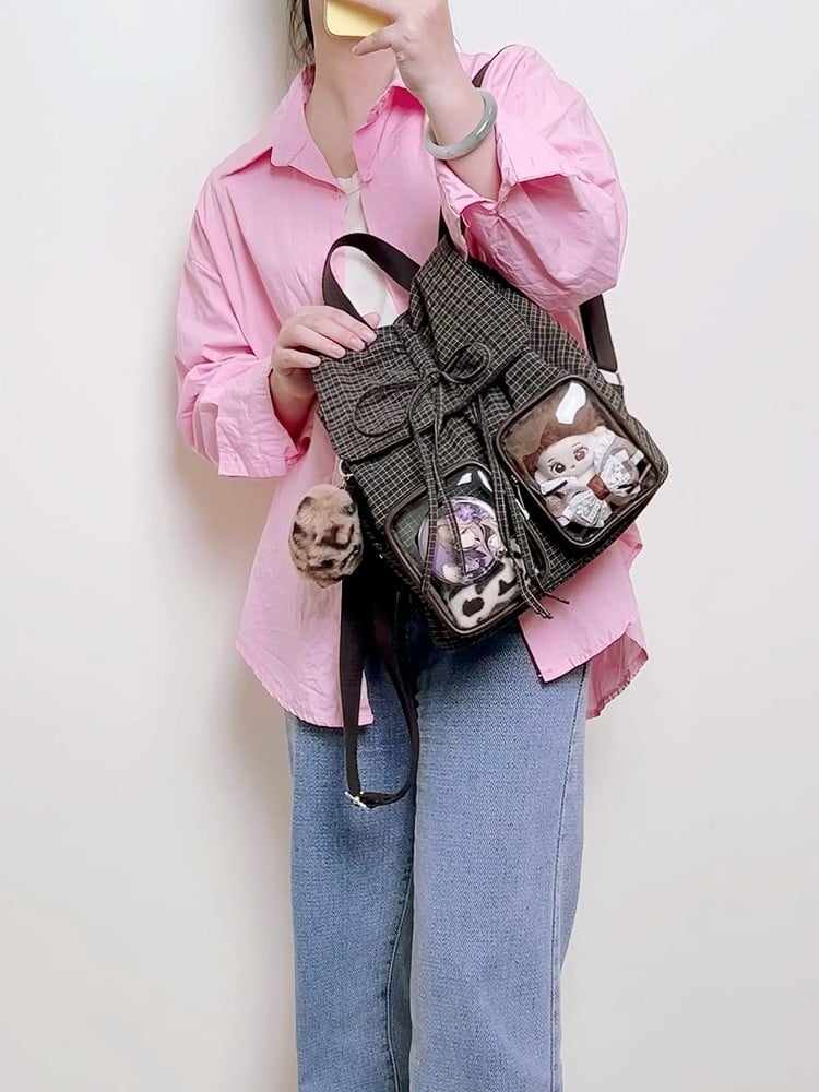 Bag With Charming Bow Drawstring Chic Brown Mini Double-Layer Ita