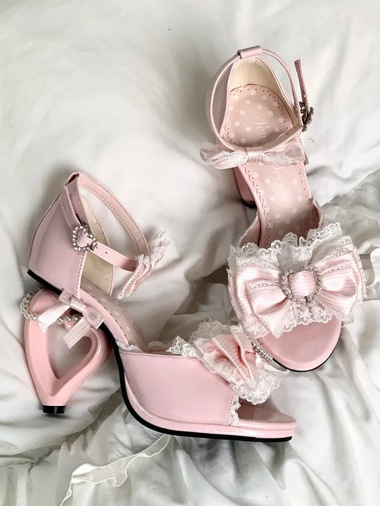 with Beaded Lolita Pink Shoes High-heel Hime Embellishments