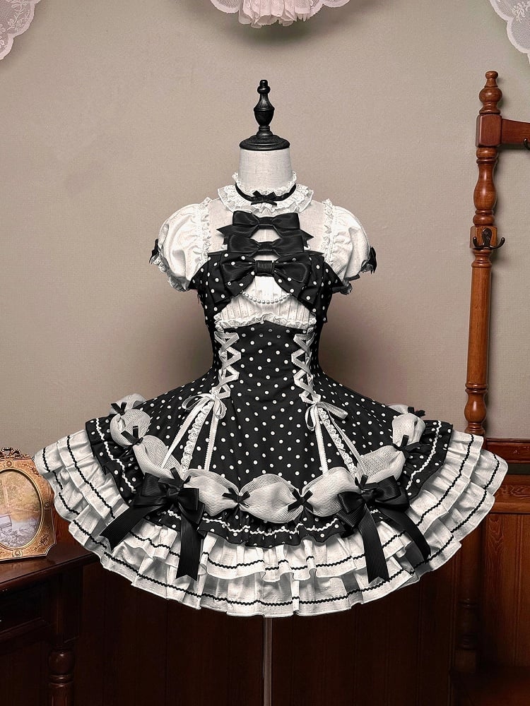White Ruffle Bowknot Dots Dress Neck with Lolita Halter Black Polka School Old Skirt Layered