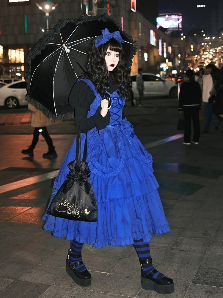 Lolita Decoration with Bowknots Klein Version Blue Ruffled and Gothic Dress Long Heart-shaped JSK