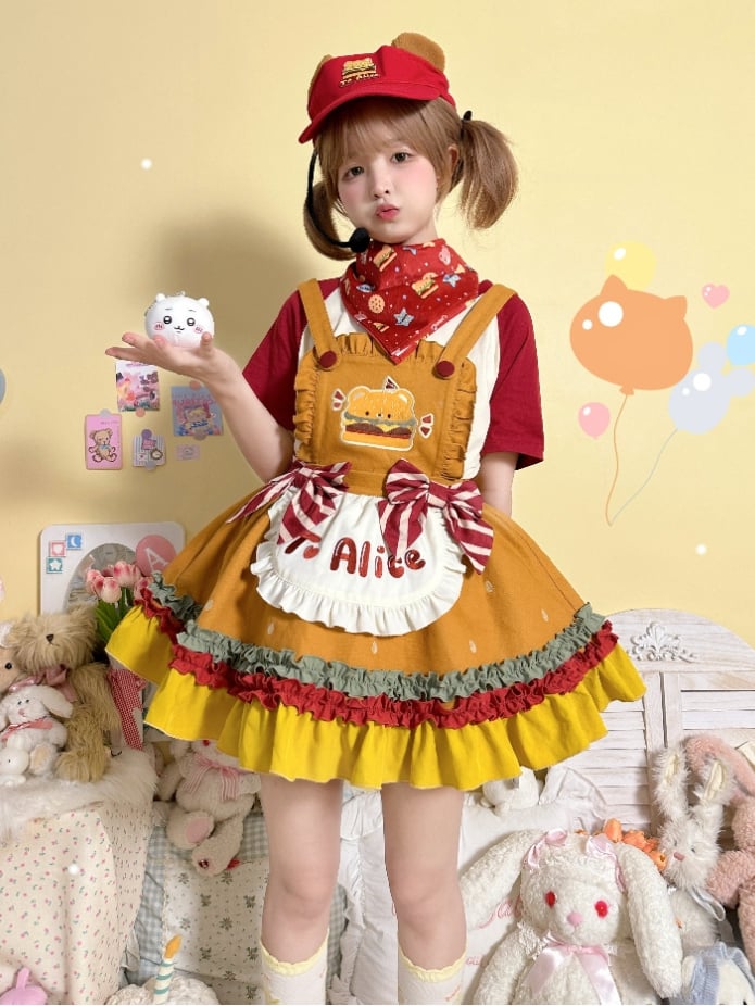 with Khaki Overalls Sweet Bowknots Hamburger Striped Cute Teddy