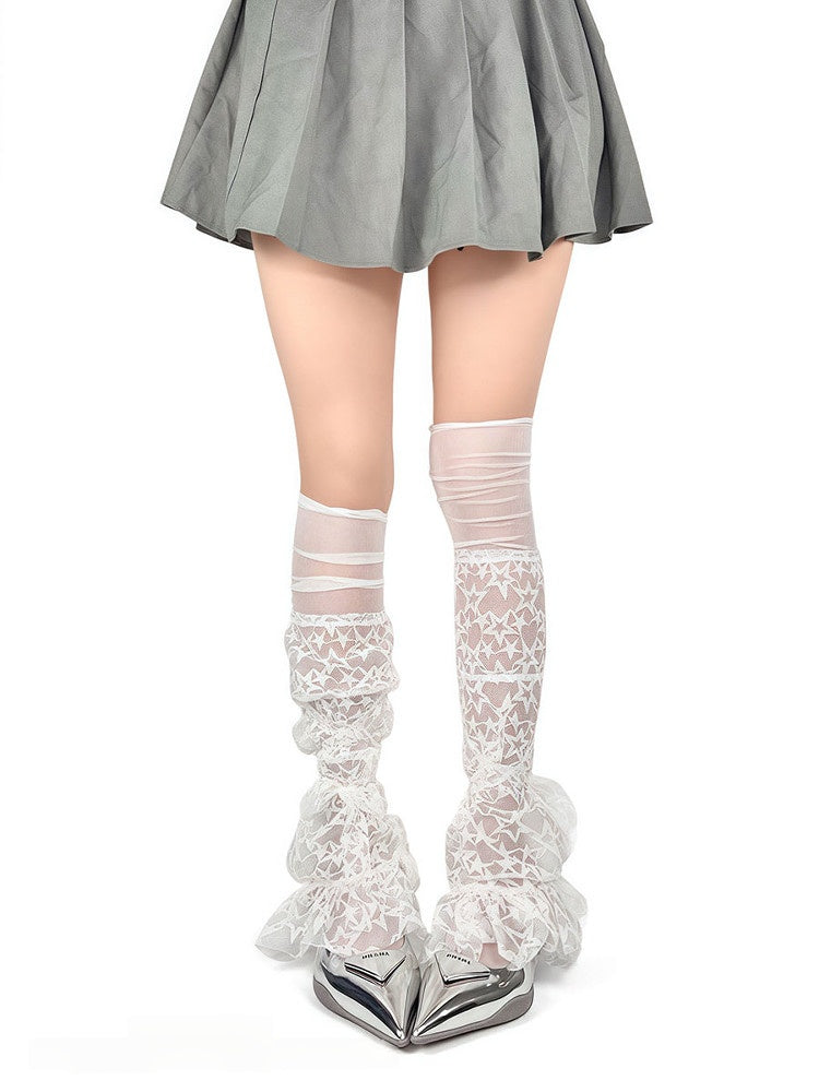 Pattern Trim Straps Leg Lace Flared Star White/Black/Apricot with Warmers