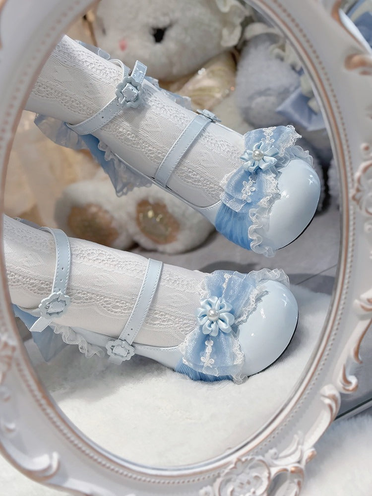 Blue Cherry Flower Sweet Mary Jane Shoes with Lace Bow - XIN MENG