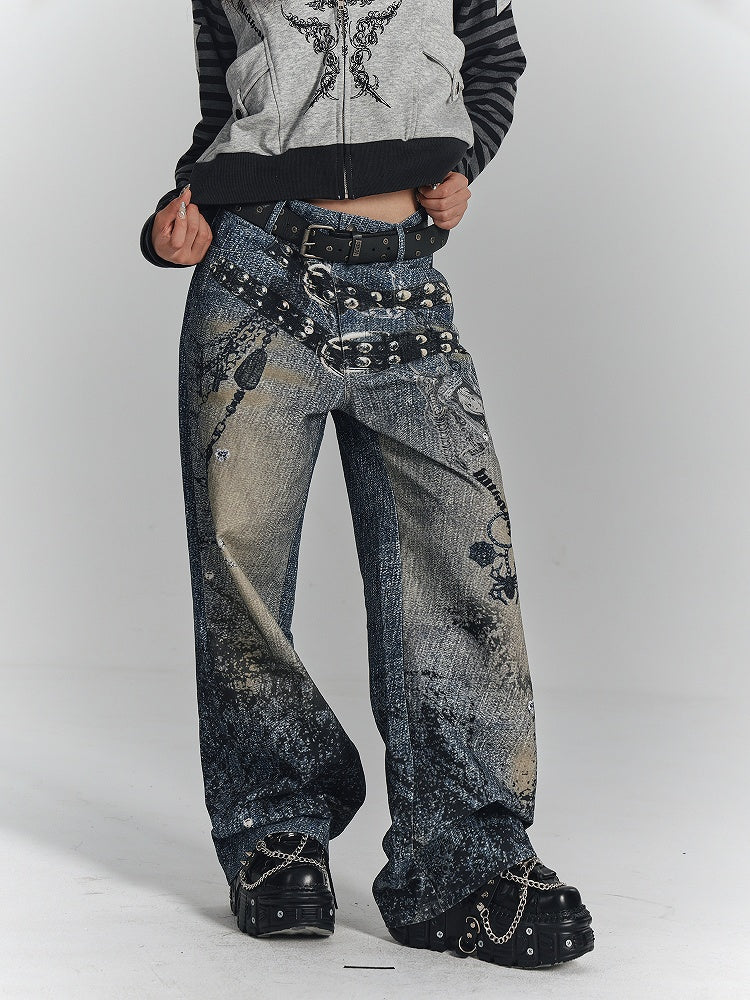 Wide-Leg Cuff Blue Belt Black + Charm Y2K Print Punk Cross Splatter with Jeans