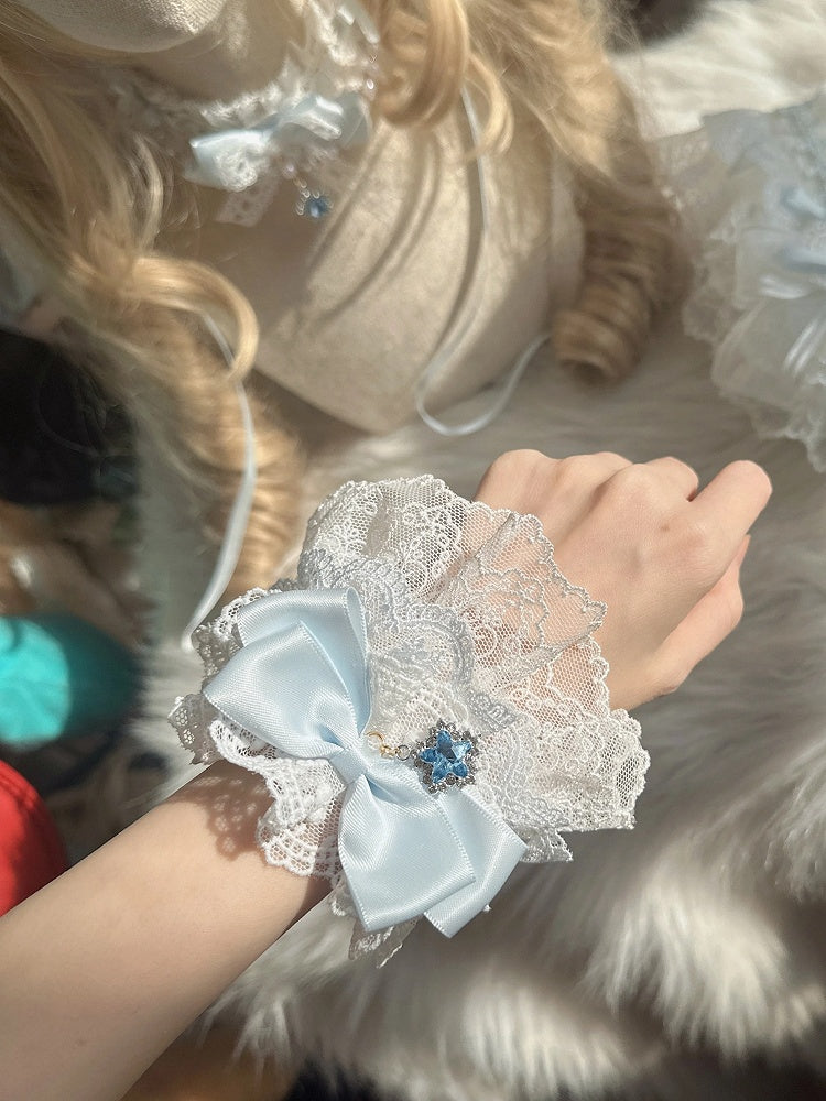 Blue White Bow Cuff Light Lace Wrist