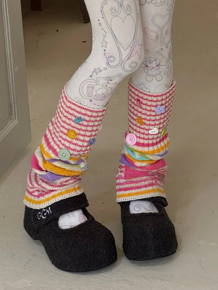 Decorative Colorful with Buttons Knit Striped Warmers Leg