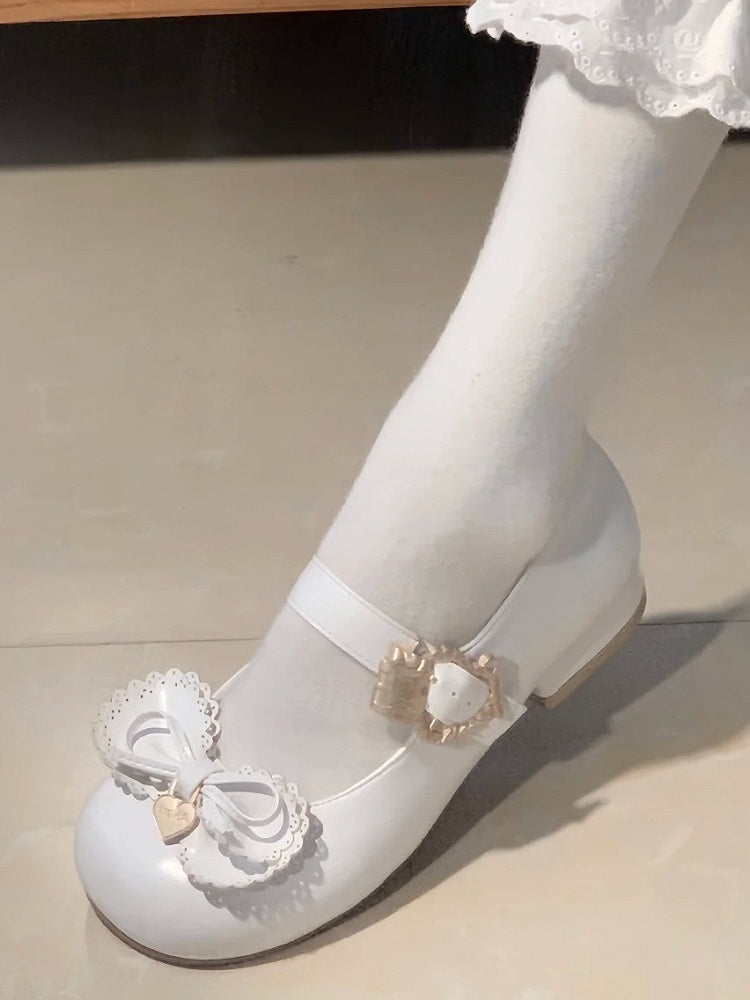 Cake White Buckle Heart Sweet Low-Heel Janes Lolita Multilayer Bow Top - Mary