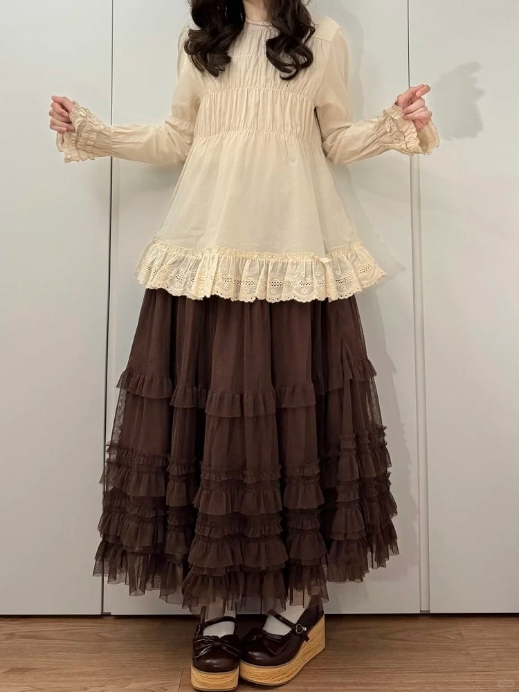 Multi-Layer Hem Ruffled Brown Skirt Lolita Elegant Loose Tulle