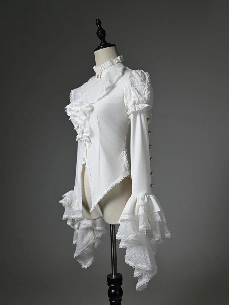 White Ruffled High Neck Long Sleeve Shirt