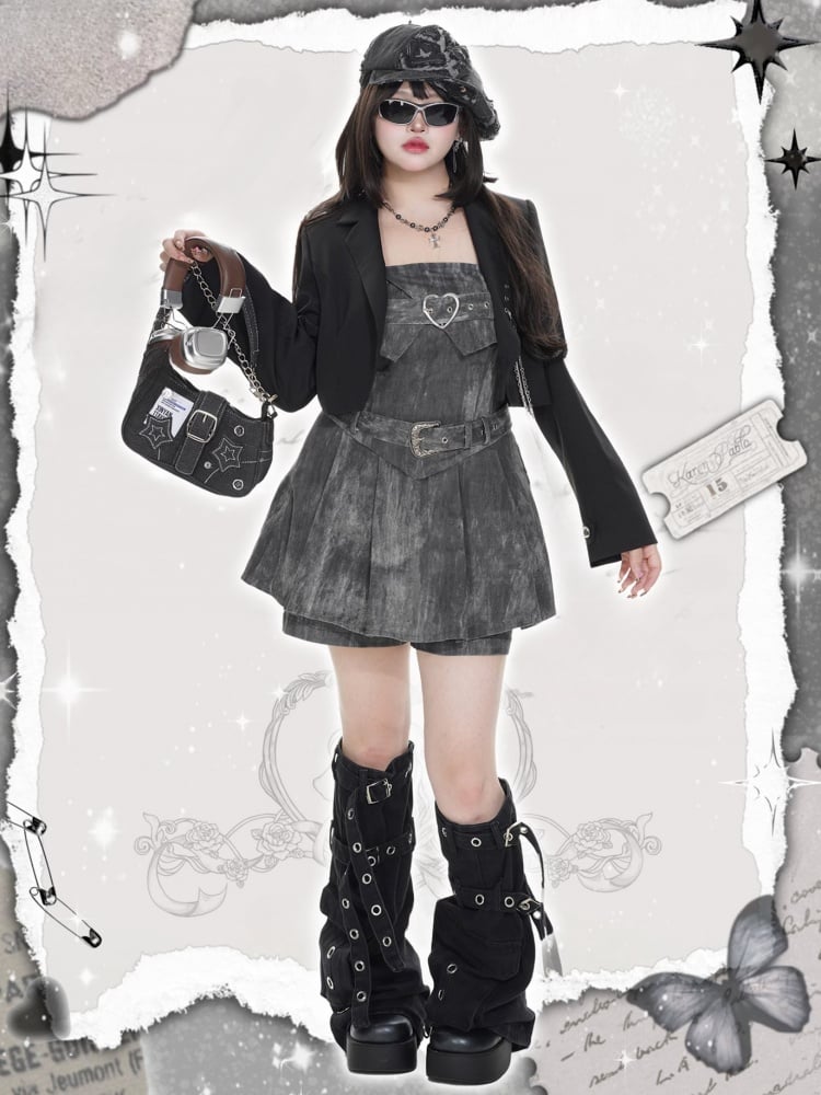 チェーン付きプラスサイズ ブラック クロップド ブレザー