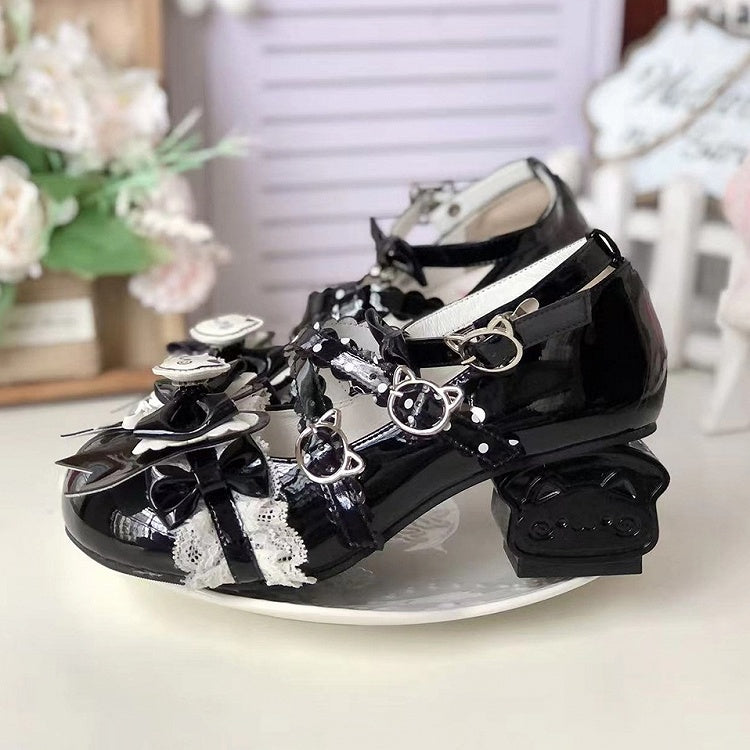 Mid-heel Sweet Lolita Mary Janes - Kitty Toast Heel with Playful Bow & Scalloped Edge