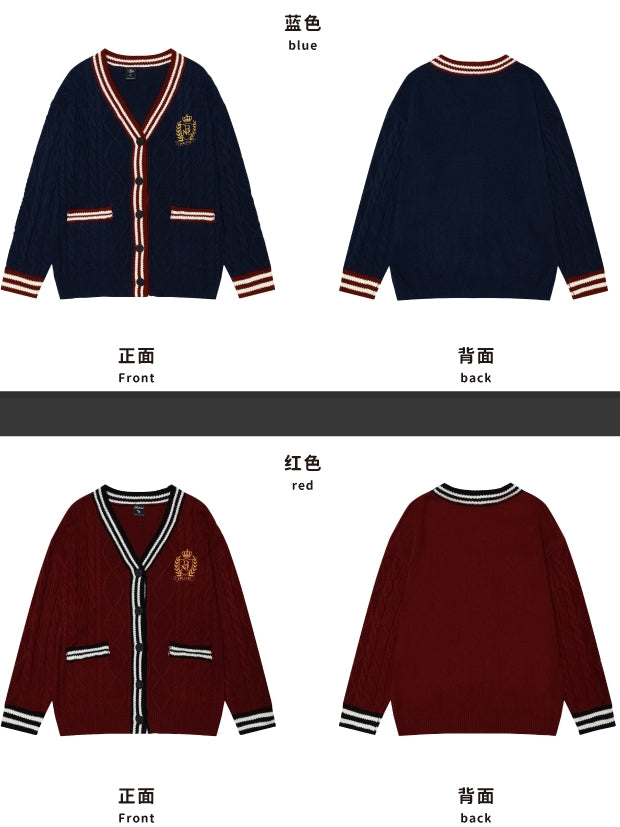 Christmas Red V-neck Preppy Loose Cardigan Contrast Striped Trim