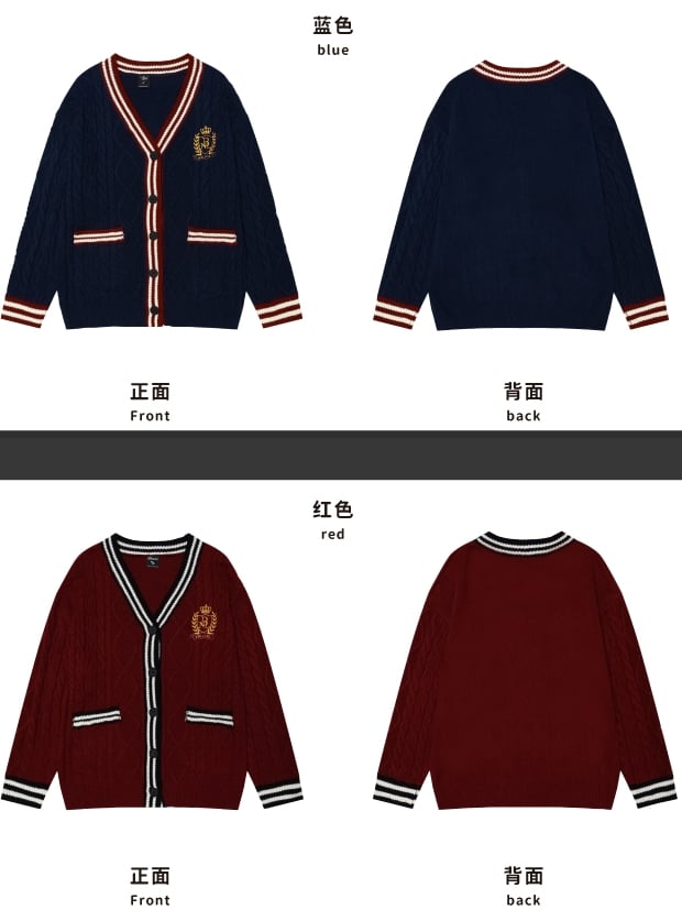 Christmas Navy Blue V-neck Preppy Loose Cardigan Contrast Striped Trim