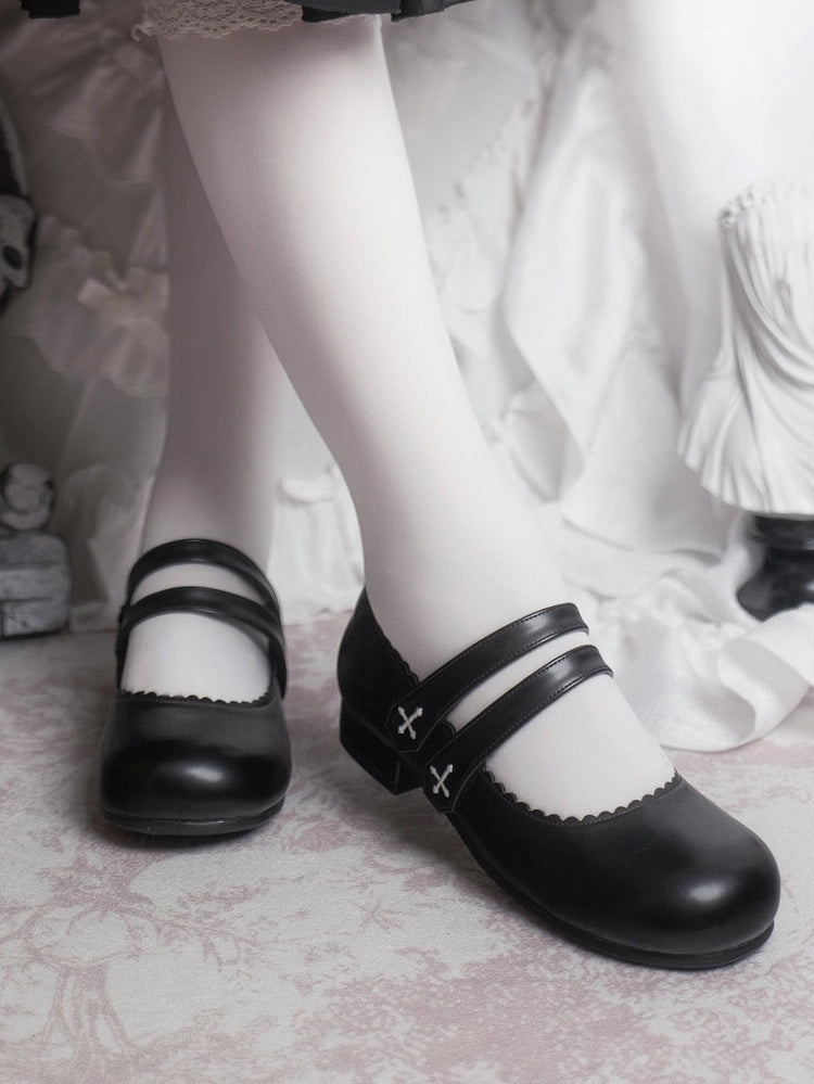 Flats Strap Embroidery Velcro Round Black Toe Cross Gothic Closures