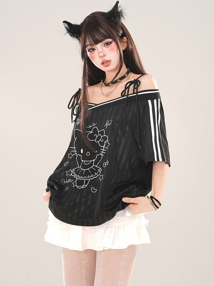 Schwarz/weißes Top mit schulterfreiem Ausschnitt und Kätzchen-Print