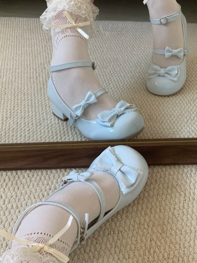 PU Blue Lolita Mary Sweet Janes Bow Accents Low-heel/Mid-heel