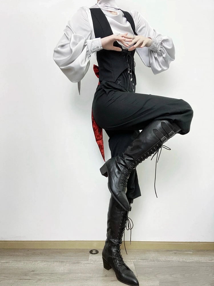 Schwarzer Ouji-Hals-Gothic-Hasen am Halfter-Lolita-Frack mit Schnalle auf der Rückseite und Schleifenschwanzweste