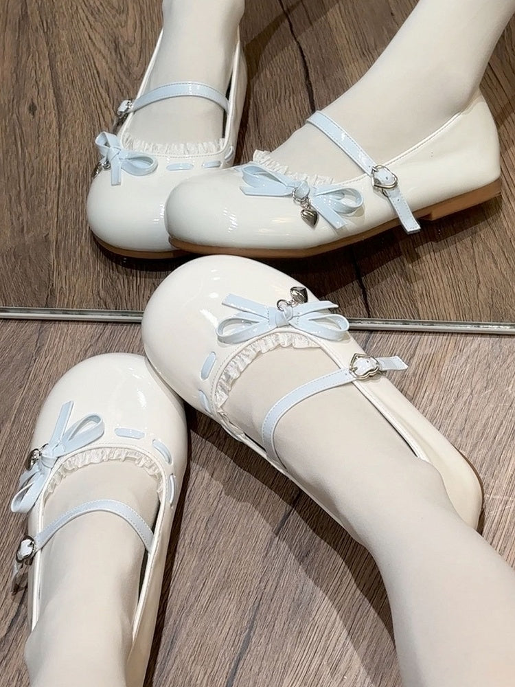 Bow Buckle Lace Sweet Blue Accent Trim Lolita Heart Flats White Design -