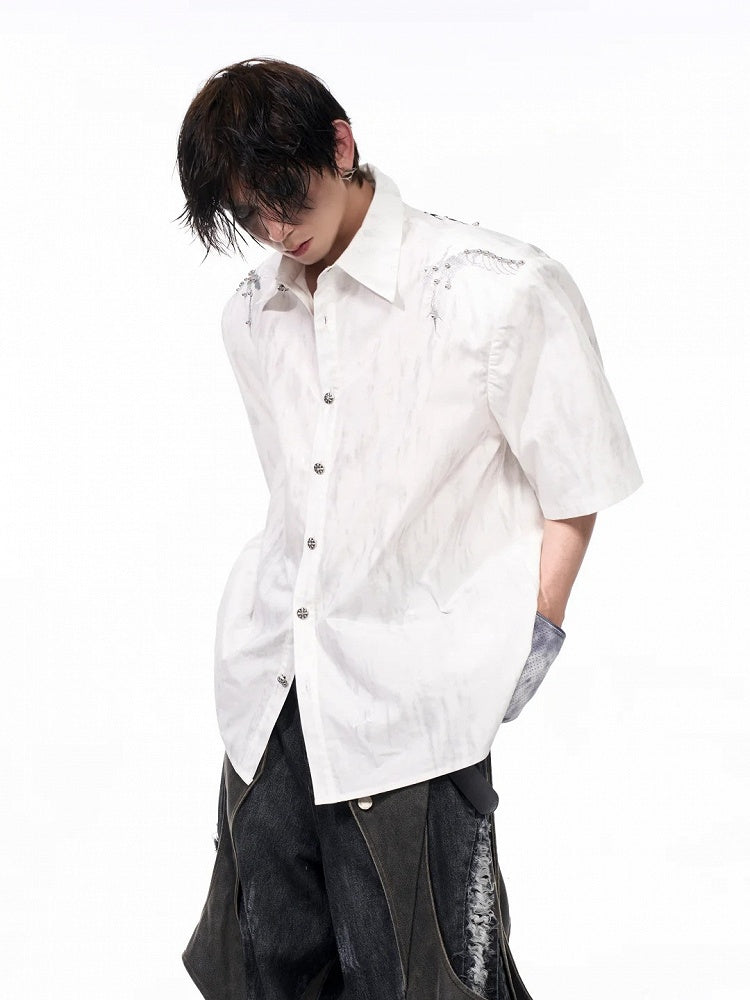 Shirt Detail Short-sleeved with Embroidery Unisex Snake White Bone Stud