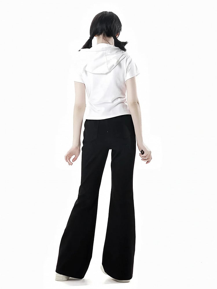 半袖トップス、ブラック/ホワイト、デビルホーンデザイン、フード、ジップ開閉