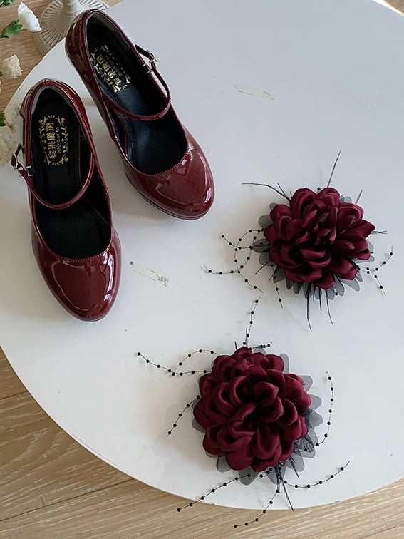 Red Accents for Classic Heel Wine Removable Mary - Lolita Flower Featuring High Janes