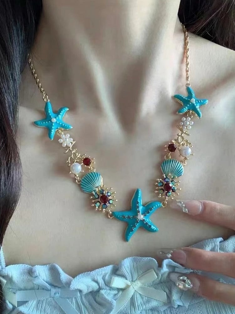 Seestern Verzierte Optionen Strass Bittersüße Muschel 4 und Armband/Halskette Y2K