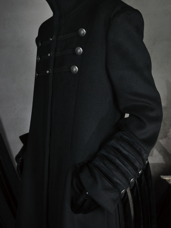 Long Gothic Coat Detials Strap Mock Neck Black with Buckle Royal