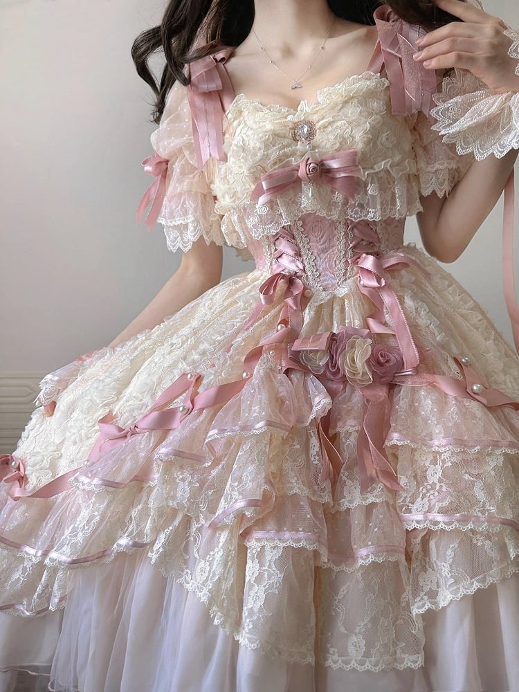 Pink Dress and Beige Piece Layered High-low Princess One Lolita Hanayome Hime