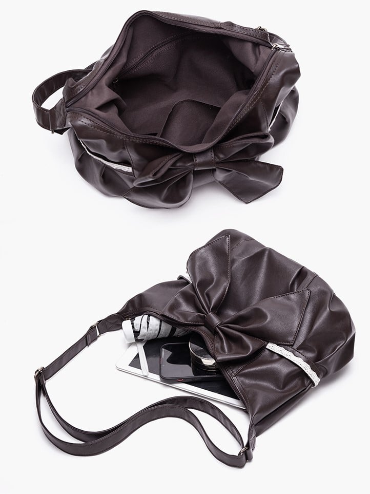 With Oversized Bag Detailed Brown Classic Shoulder Lace Tote Bow Elegant