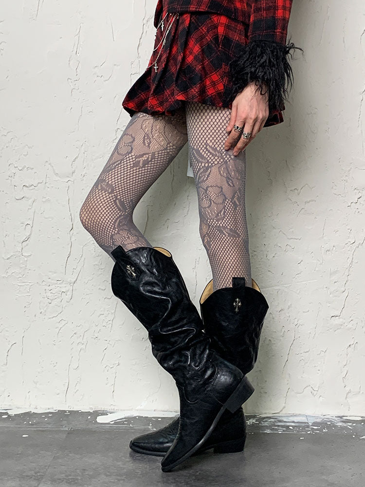 Graue Y2K-Strumpfhose mit ausgehöhltem Blumenmuster