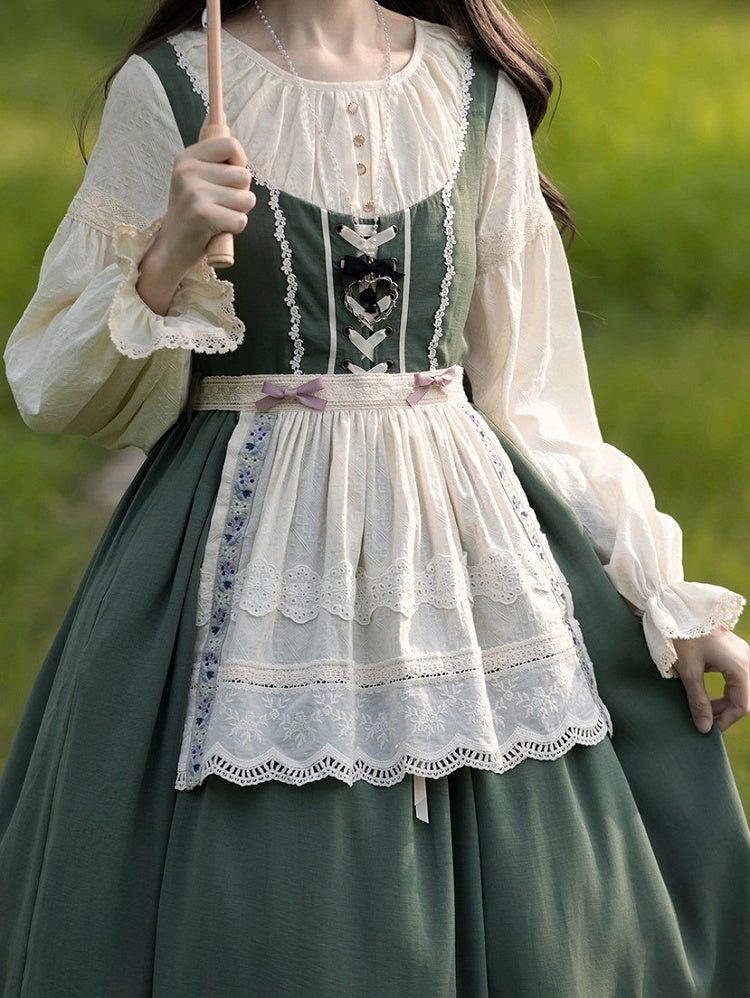 Green & Beige Round Neck Long-sleeved Elegant Classic Lolita Dress with Lace-Up Front