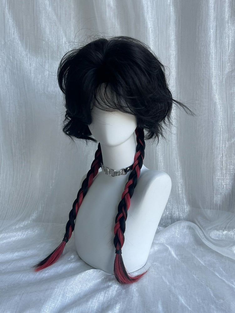 Red Braids Black Wavy with Short Wig Bangs Ombre