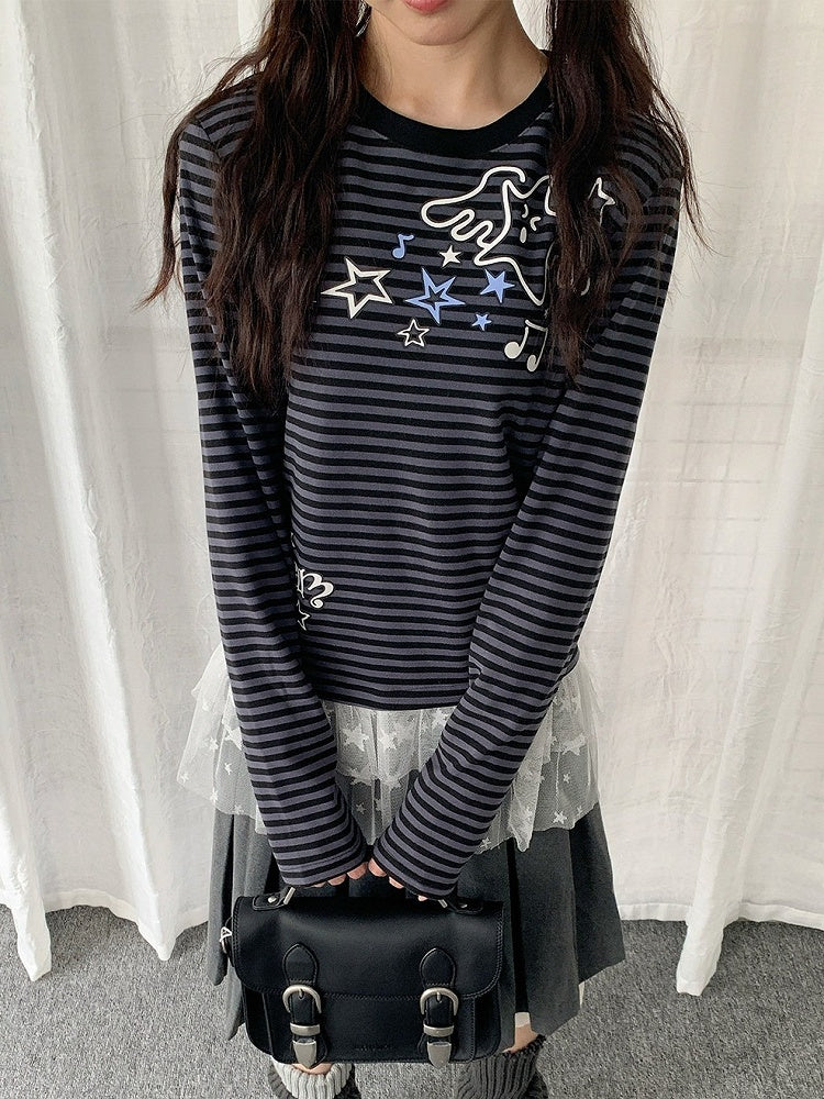 Two Tone Striped Crew Neck Lace Trim Star Top - Solkatt