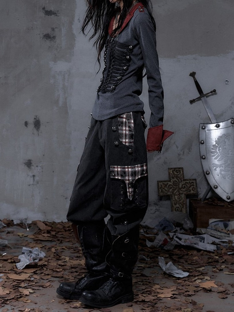 Black Plaid Punk Buttons with Metal Pants Vintage Cargo Patchwork