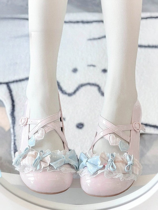 Bow Janes Candy Lolita PU Style Low - Pink Heel Mary Accents with Shoes