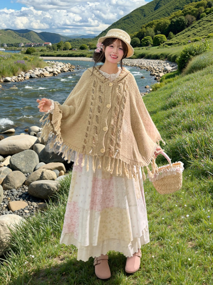 タッセルヘム付きケープ カーキ ニット フード付き