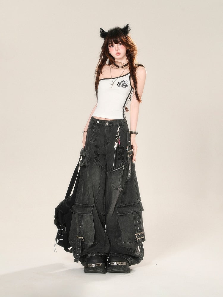 Black Distressed Holes Buckle Wide-Leg Jeans Cargo Pockets Straps