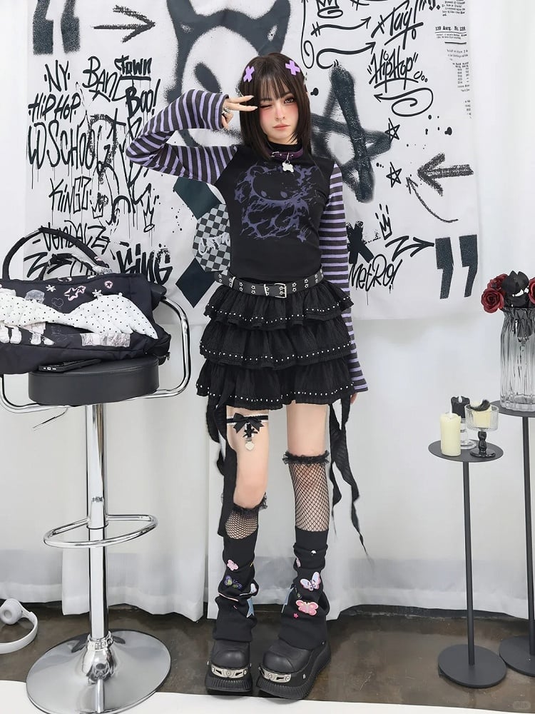 詳細 ティアードスカート ブラック カスケードフリル スタッド バレエコア