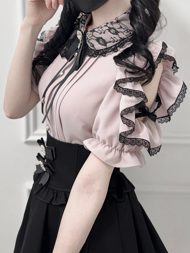 Bow Dusty Collar Peter Blouse with Lace Pink Pan Cutout Trim Shoulder Jirai Tie Kei