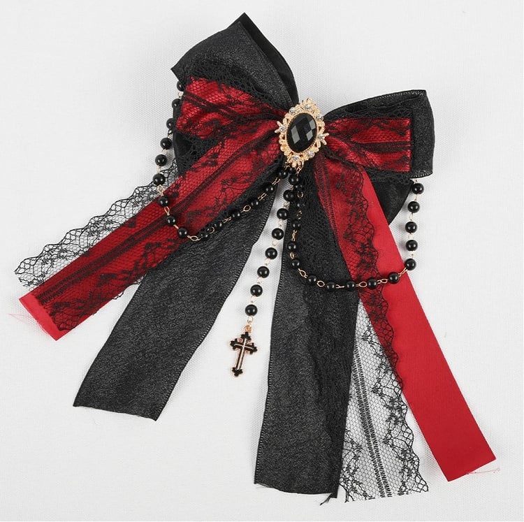 Red Black Cross Charms Gem Hairclip Lace with Bow