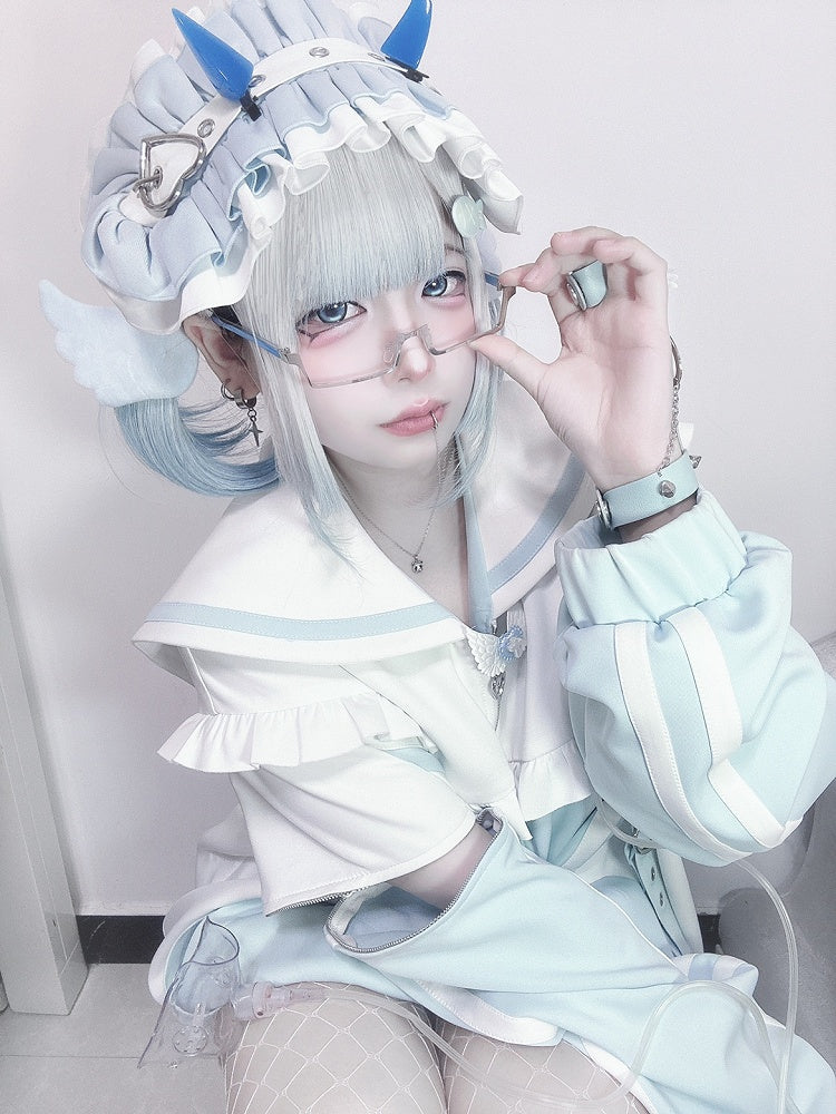 Sweatshirt mit Reißverschluss und Kragen, weißgrün, Kei-Verschluss, Jirai-Jacke, Matrose