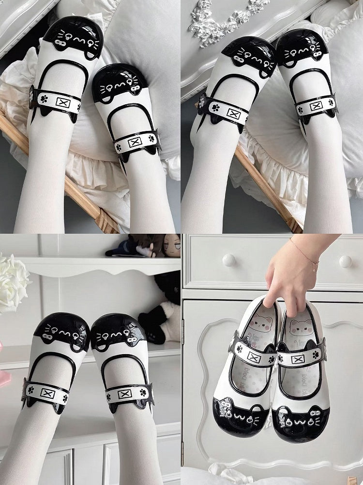 Straps - Print Round Mary Low-heel Cat Paw Ear Stitching Cute Janes Kitty in Toe PU Adorable Black with