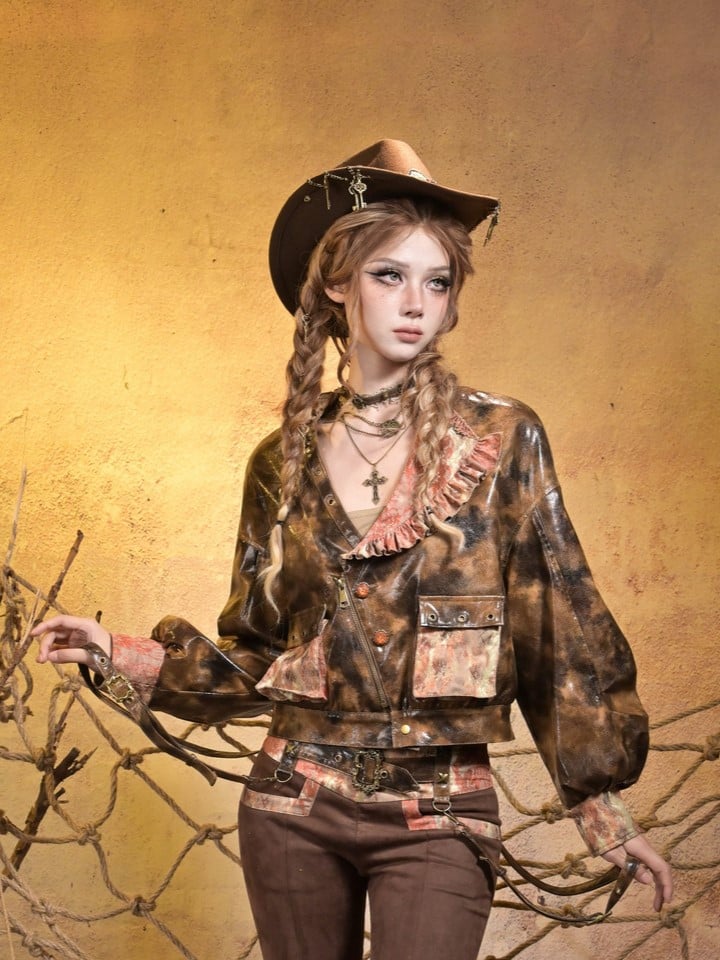 Collar Lace Orange Brown Millard 3D PU Asymmetrical with Steampunk Pockets Jacket