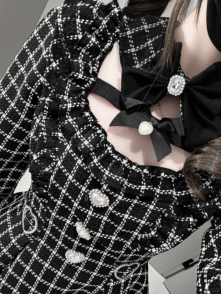 Black Mini Puffy Detachable Two-Piece Tweed Jirai Outfit: Dress Collar with Shorts Plaid Kei